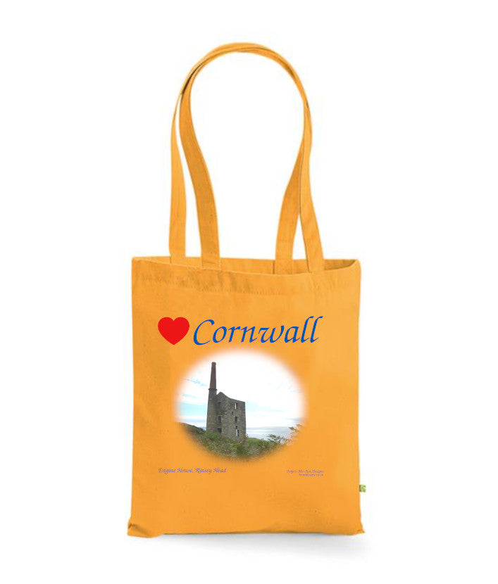 Love Cornwall Tote Bag, Long Handled Shopper, printed with images of Cornish seascapes, landscapes, historic sites, natural features