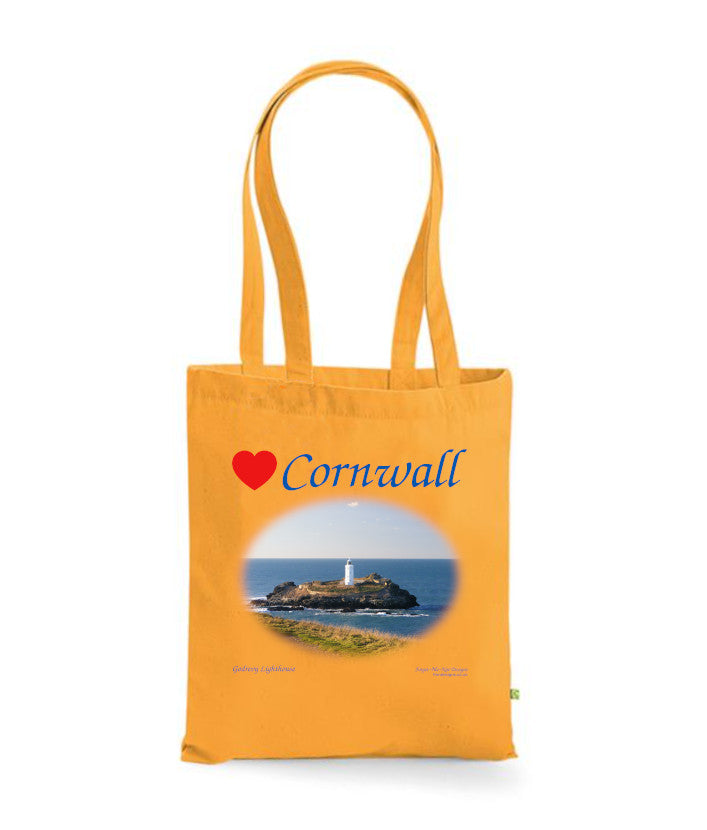 Love Cornwall Tote Bag, Long Handled Shopper, printed with images of Cornish seascapes, landscapes, historic sites, natural features