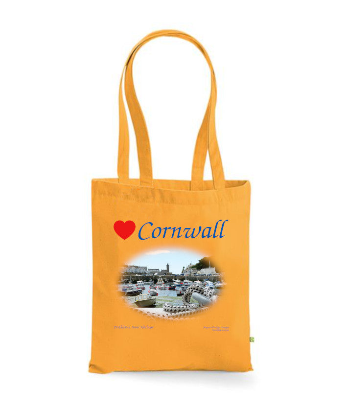 Love Cornwall Tote Bag, Long Handled Shopper, printed with images of Cornish seascapes, landscapes, historic sites, natural features