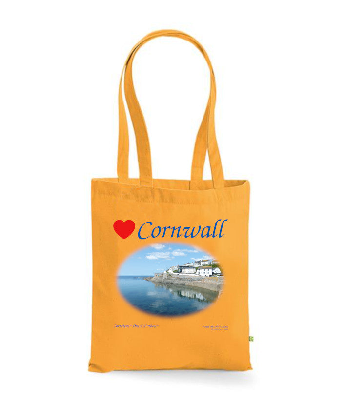 Love Cornwall Tote Bag, Long Handled Shopper, printed with images of Cornish seascapes, landscapes, historic sites, natural features