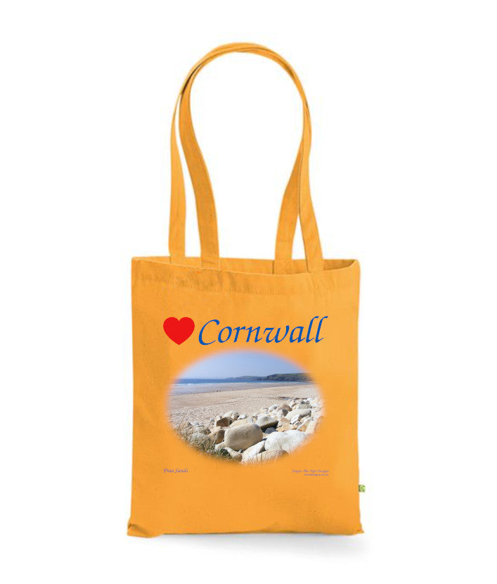 Love Cornwall Tote Bag, Long Handled Shopper, printed with images of Cornish seascapes, landscapes, historic sites, natural features