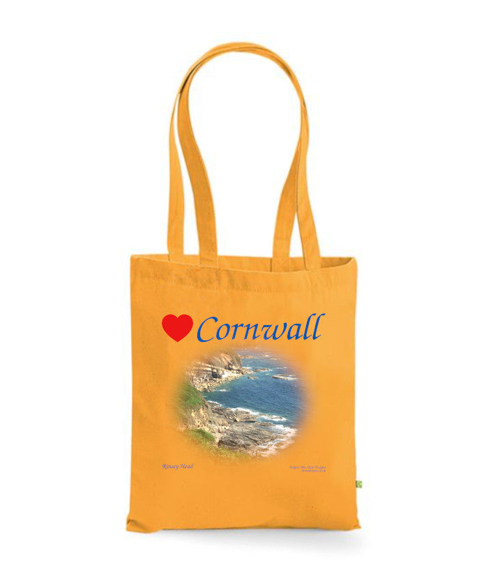 Love Cornwall Tote Bag, Long Handled Shopper, printed with images of Cornish seascapes, landscapes, historic sites, natural features