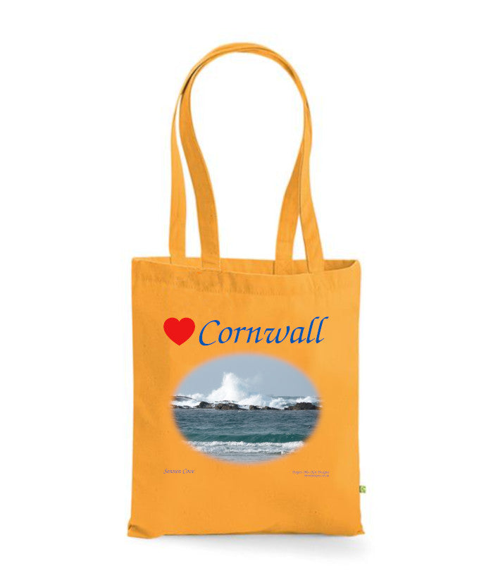 Love Cornwall Tote Bag, Long Handled Shopper, printed with images of Cornish seascapes, landscapes, historic sites, natural features