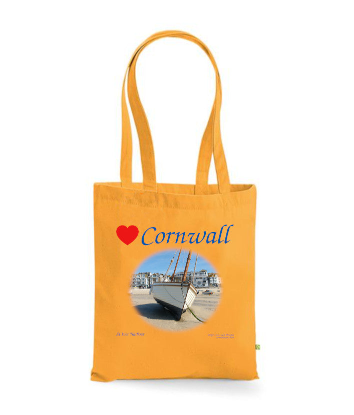 Love Cornwall Tote Bag, Long Handled Shopper, printed with images of Cornish seascapes, landscapes, historic sites, natural features