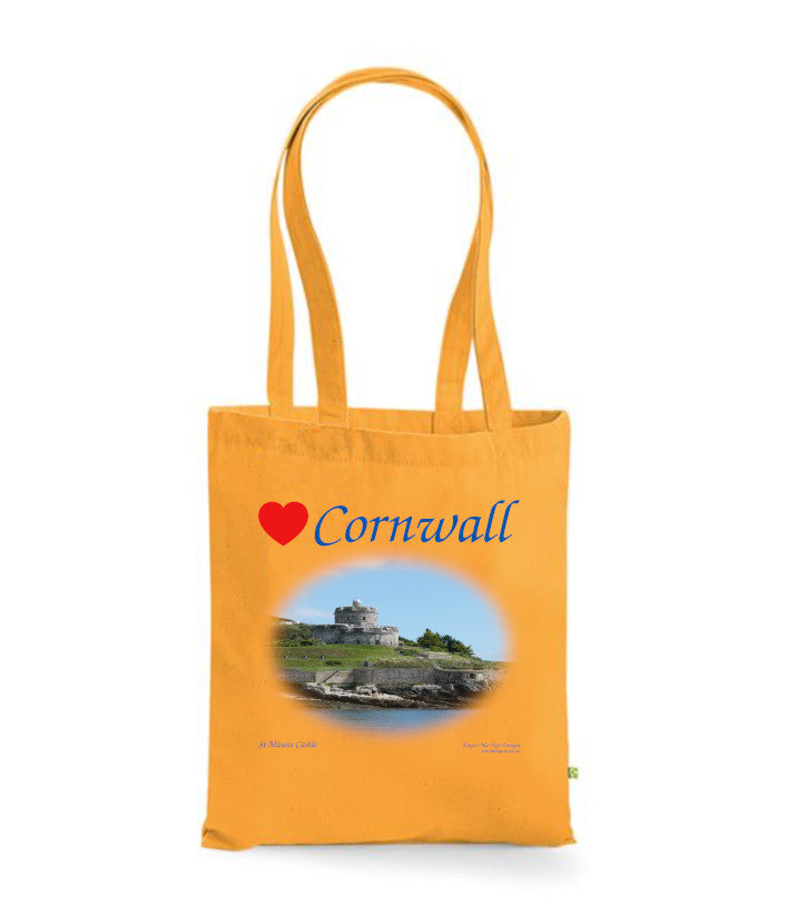 Love Cornwall Tote Bag, Long Handled Shopper, printed with images of Cornish seascapes, landscapes, historic sites, natural features