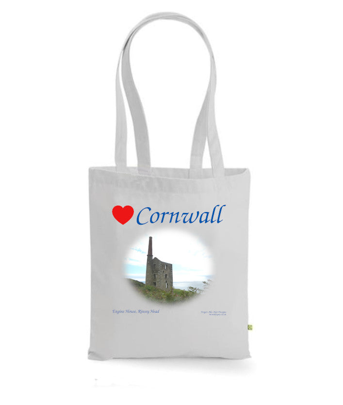Love Cornwall Tote Bag, Long Handled Shopper, printed with images of Cornish seascapes, landscapes, historic sites, natural features