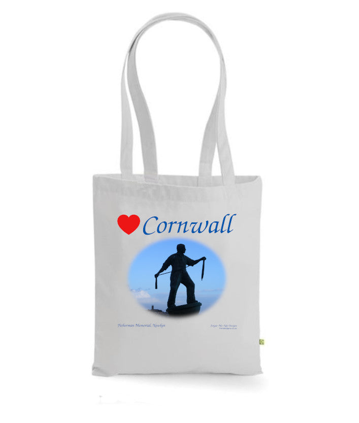 Love Cornwall Tote Bag, Long Handled Shopper, printed with images of Cornish seascapes, landscapes, historic sites, natural features