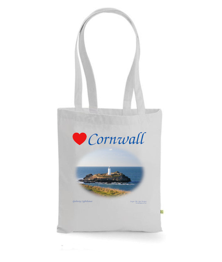 Love Cornwall Tote Bag, Long Handled Shopper, printed with images of Cornish seascapes, landscapes, historic sites, natural features