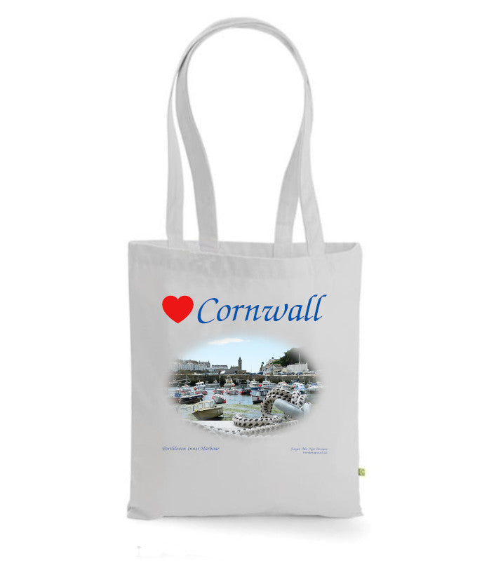 Love Cornwall Tote Bag, Long Handled Shopper, printed with images of Cornish seascapes, landscapes, historic sites, natural features