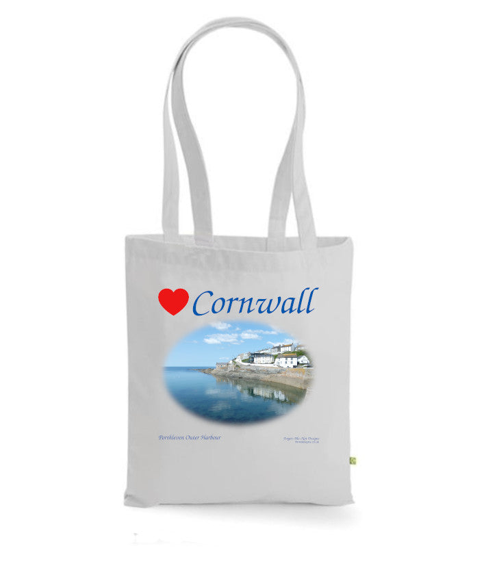 Love Cornwall Tote Bag, Long Handled Shopper, printed with images of Cornish seascapes, landscapes, historic sites, natural features