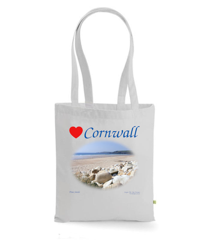 Love Cornwall Tote Bag, Long Handled Shopper, printed with images of Cornish seascapes, landscapes, historic sites, natural features