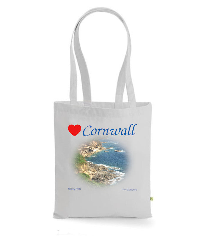 Love Cornwall Tote Bag, Long Handled Shopper, printed with images of Cornish seascapes, landscapes, historic sites, natural features