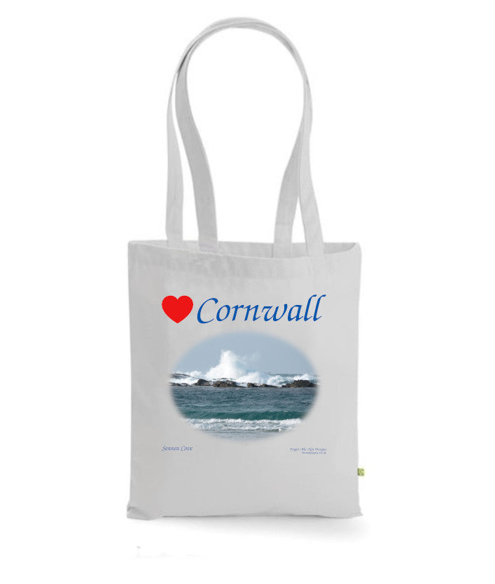 Love Cornwall Tote Bag, Long Handled Shopper, printed with images of Cornish seascapes, landscapes, historic sites, natural features