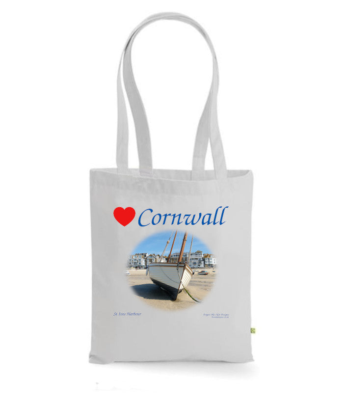 Love Cornwall Tote Bag, Long Handled Shopper, printed with images of Cornish seascapes, landscapes, historic sites, natural features