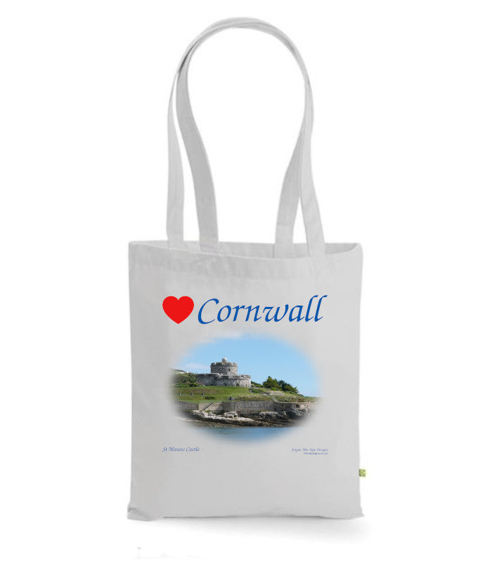 Love Cornwall Tote Bag, Long Handled Shopper, printed with images of Cornish seascapes, landscapes, historic sites, natural features