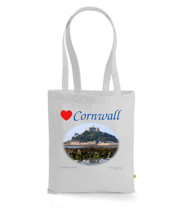 Love Cornwall Tote Bag, Long Handled Shopper, printed with images of Cornish seascapes, landscapes, historic sites, natural features