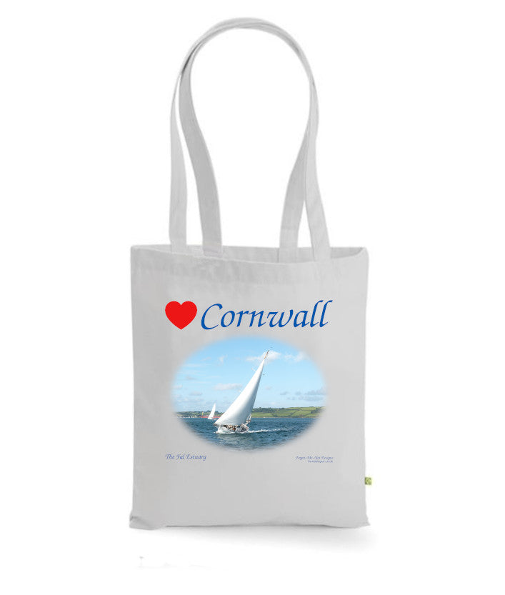 Love Cornwall Tote Bag, Long Handled Shopper, printed with images of Cornish seascapes, landscapes, historic sites, natural features