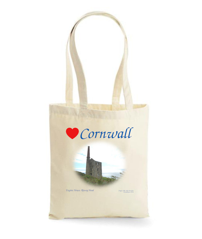 Love Cornwall Tote Bag, Long Handled Shopper, printed with images of Cornish seascapes, landscapes, historic sites, natural features