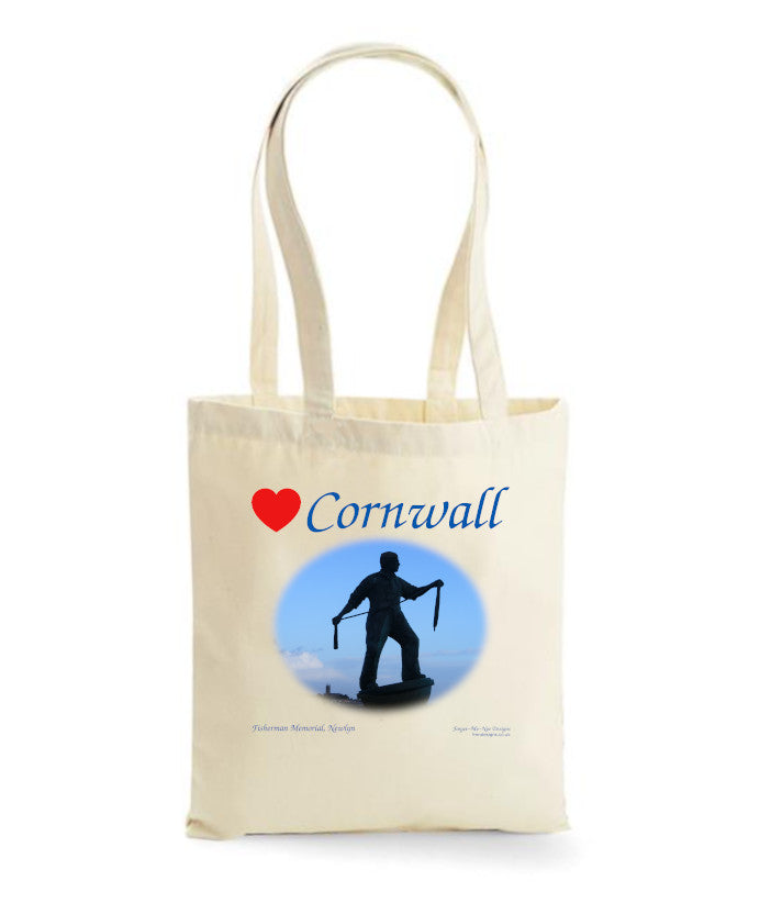 Love Cornwall Tote Bag, Long Handled Shopper, printed with images of Cornish seascapes, landscapes, historic sites, natural features