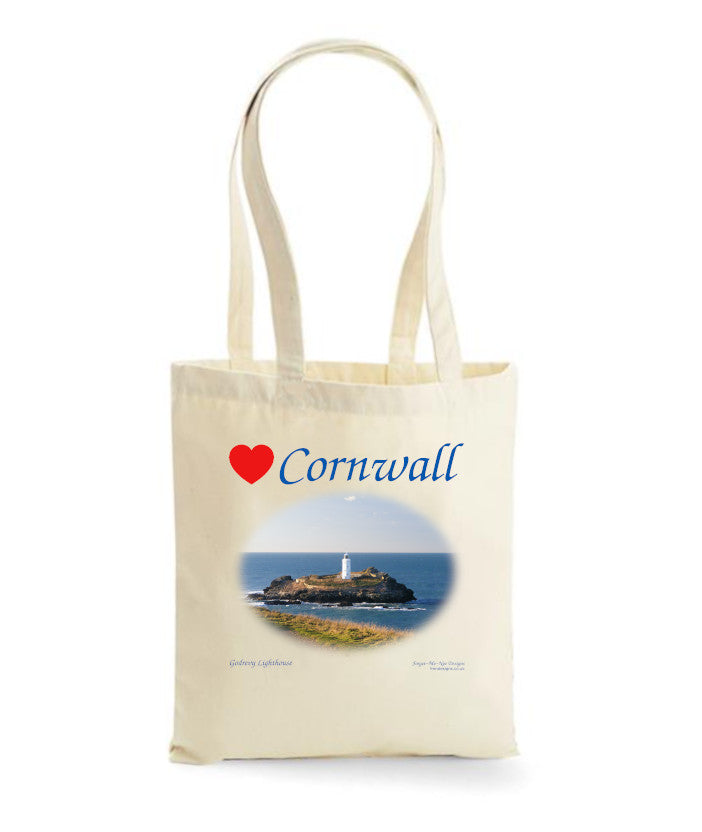 Love Cornwall Tote Bag, Long Handled Shopper, printed with images of Cornish seascapes, landscapes, historic sites, natural features