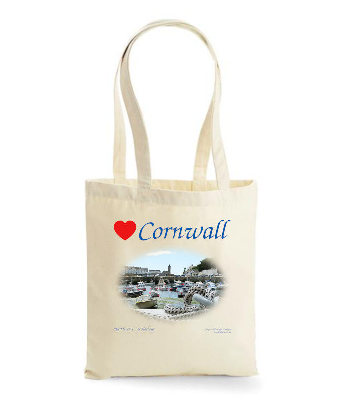 Love Cornwall Tote Bag, Long Handled Shopper, printed with images of Cornish seascapes, landscapes, historic sites, natural features