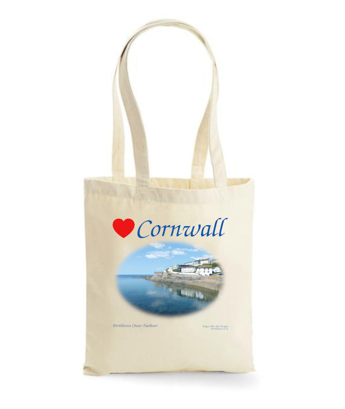 Love Cornwall Tote Bag, Long Handled Shopper, printed with images of Cornish seascapes, landscapes, historic sites, natural features