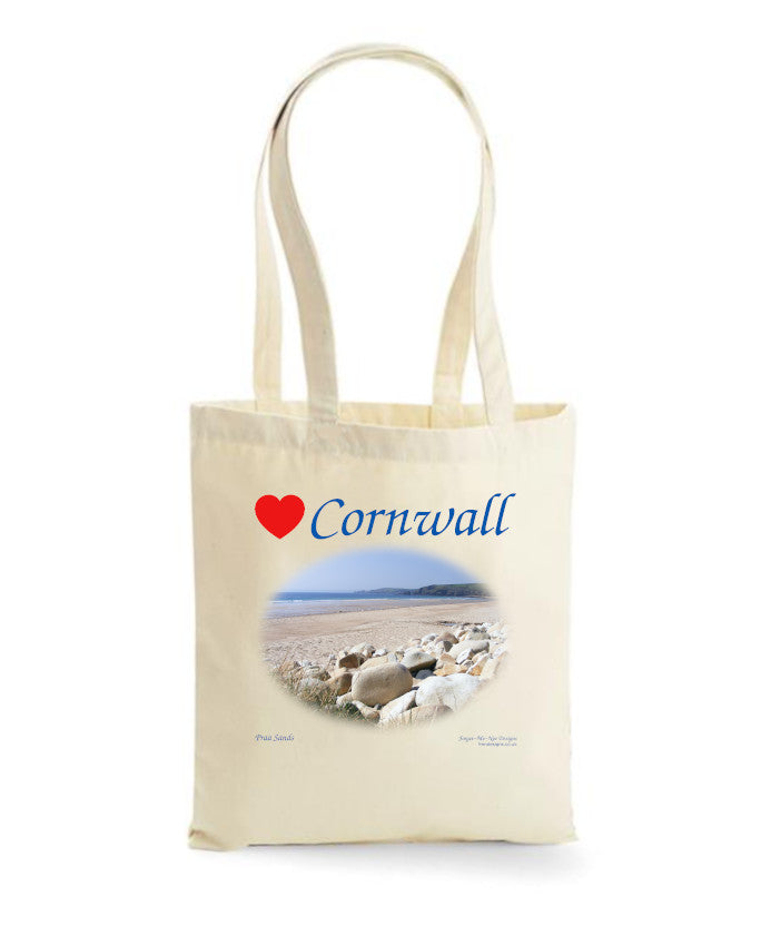 Love Cornwall Tote Bag, Long Handled Shopper, printed with images of Cornish seascapes, landscapes, historic sites, natural features
