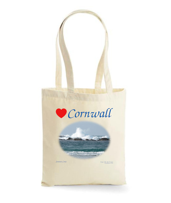 Love Cornwall Tote Bag, Long Handled Shopper, printed with images of Cornish seascapes, landscapes, historic sites, natural features