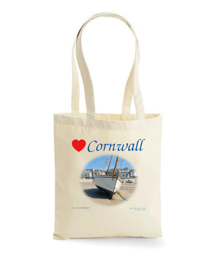 Love Cornwall Tote Bag, Long Handled Shopper, printed with images of Cornish seascapes, landscapes, historic sites, natural features