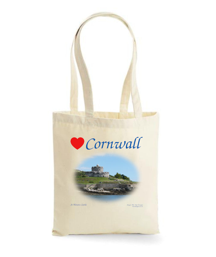 Love Cornwall Tote Bag, Long Handled Shopper, printed with images of Cornish seascapes, landscapes, historic sites, natural features