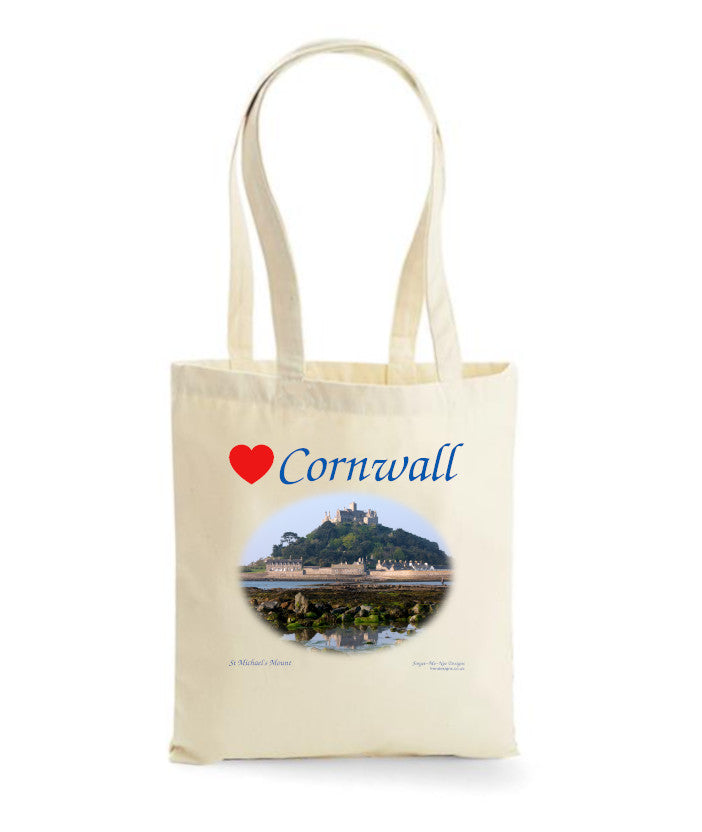 Love Cornwall Tote Bag, Long Handled Shopper, printed with images of Cornish seascapes, landscapes, historic sites, natural features