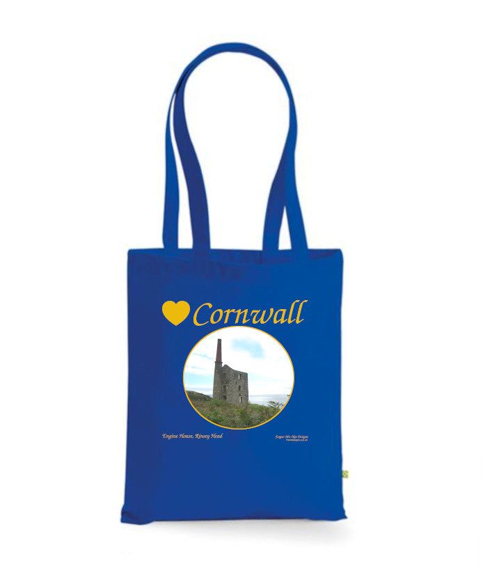 Love Cornwall Tote Bag, Long Handled Shopper, printed with images of Cornish seascapes, landscapes, historic sites, natural features