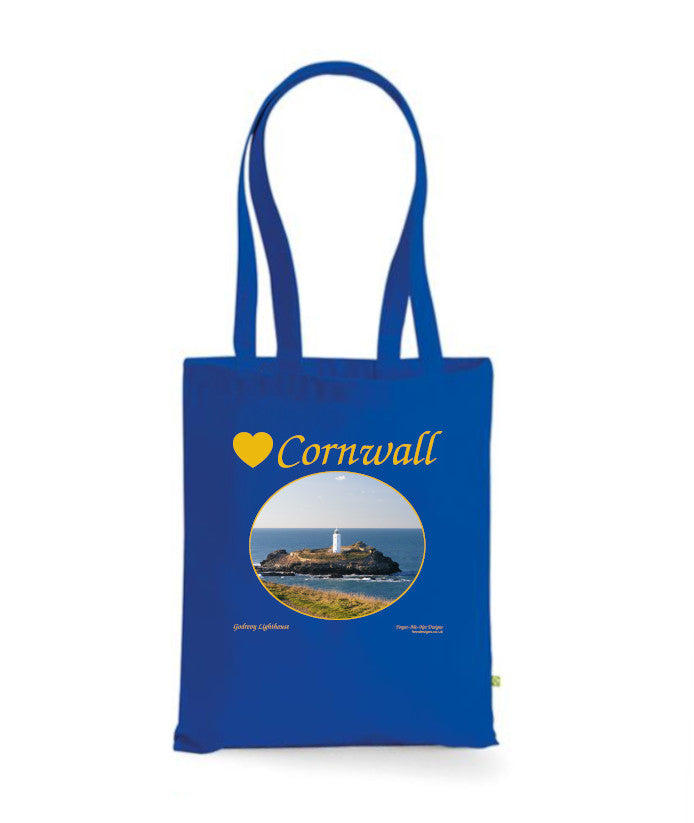 Love Cornwall Tote Bag, Long Handled Shopper, printed with images of Cornish seascapes, landscapes, historic sites, natural features