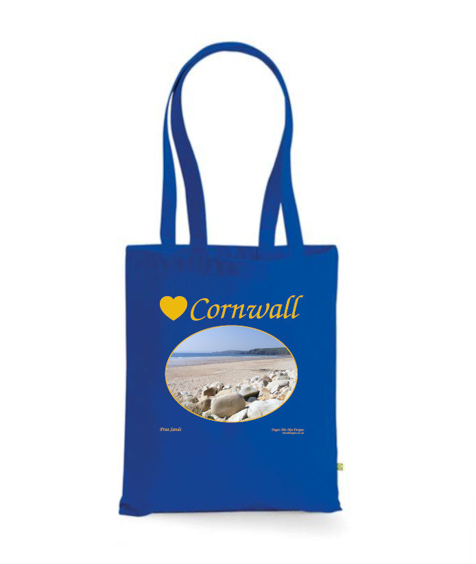 Love Cornwall Tote Bag, Long Handled Shopper, printed with images of Cornish seascapes, landscapes, historic sites, natural features