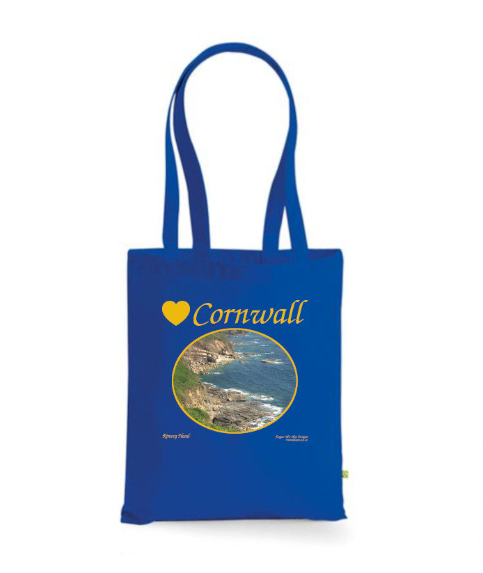 Love Cornwall Tote Bag, Long Handled Shopper, printed with images of Cornish seascapes, landscapes, historic sites, natural features