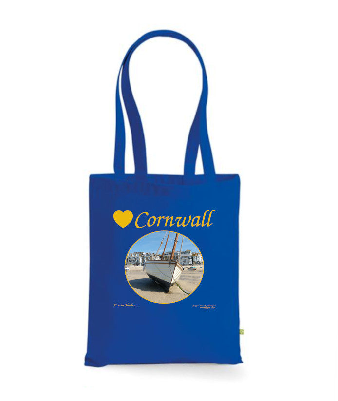 Love Cornwall Tote Bag, Long Handled Shopper, printed with images of Cornish seascapes, landscapes, historic sites, natural features