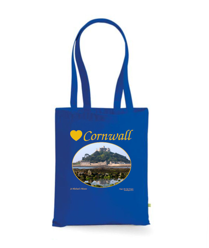 Love Cornwall Tote Bag, Long Handled Shopper, printed with images of Cornish seascapes, landscapes, historic sites, natural features