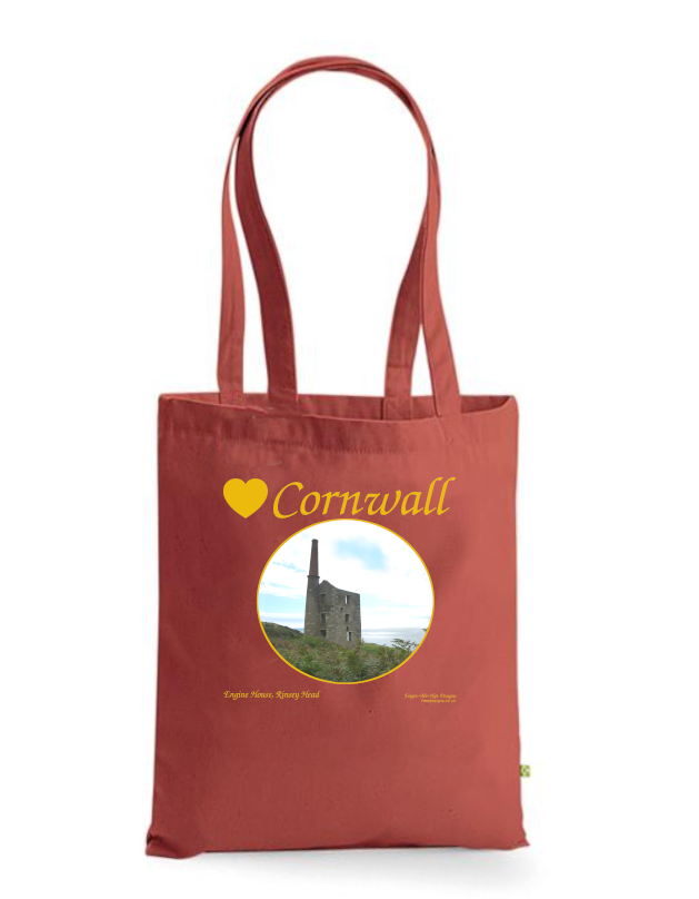 Love Cornwall Tote Bag, Long Handled Shopper, printed with images of Cornish seascapes, landscapes, historic sites, natural features