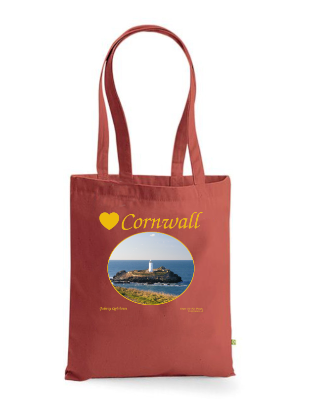 Love Cornwall Tote Bag, Long Handled Shopper, printed with images of Cornish seascapes, landscapes, historic sites, natural features