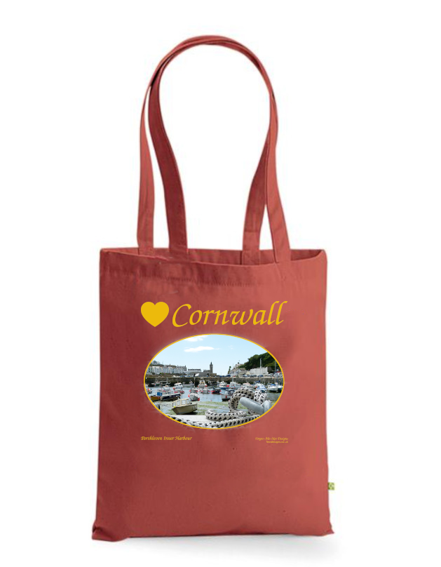 Love Cornwall Tote Bag, Long Handled Shopper, printed with images of Cornish seascapes, landscapes, historic sites, natural features