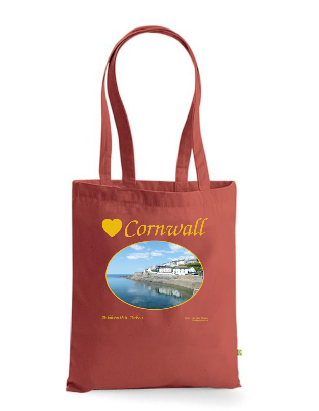 Love Cornwall Tote Bag, Long Handled Shopper, printed with images of Cornish seascapes, landscapes, historic sites, natural features