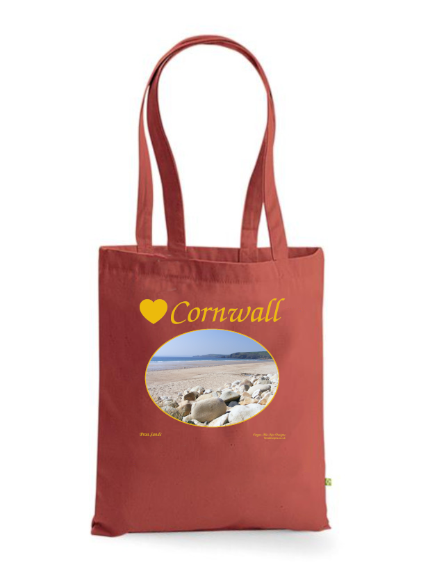 Love Cornwall Tote Bag, Long Handled Shopper, printed with images of Cornish seascapes, landscapes, historic sites, natural features
