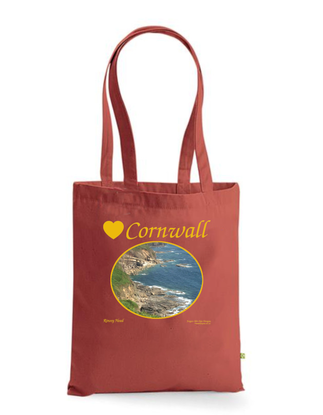 Love Cornwall Tote Bag, Long Handled Shopper, printed with images of Cornish seascapes, landscapes, historic sites, natural features