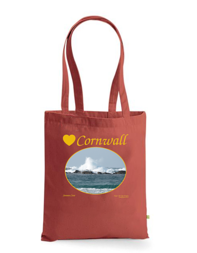 Love Cornwall Tote Bag, Long Handled Shopper, printed with images of Cornish seascapes, landscapes, historic sites, natural features