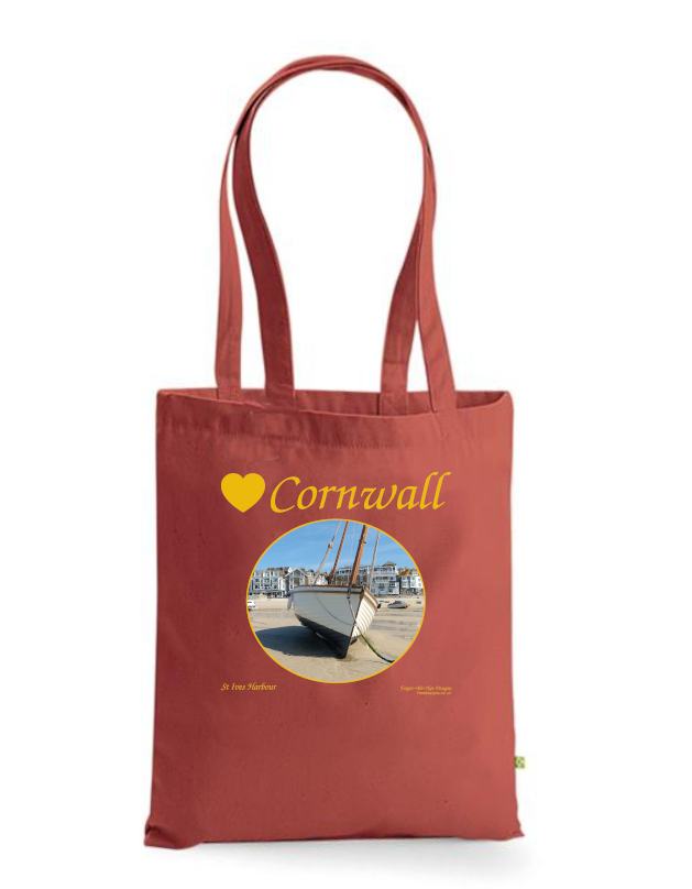 Love Cornwall Tote Bag, Long Handled Shopper, printed with images of Cornish seascapes, landscapes, historic sites, natural features
