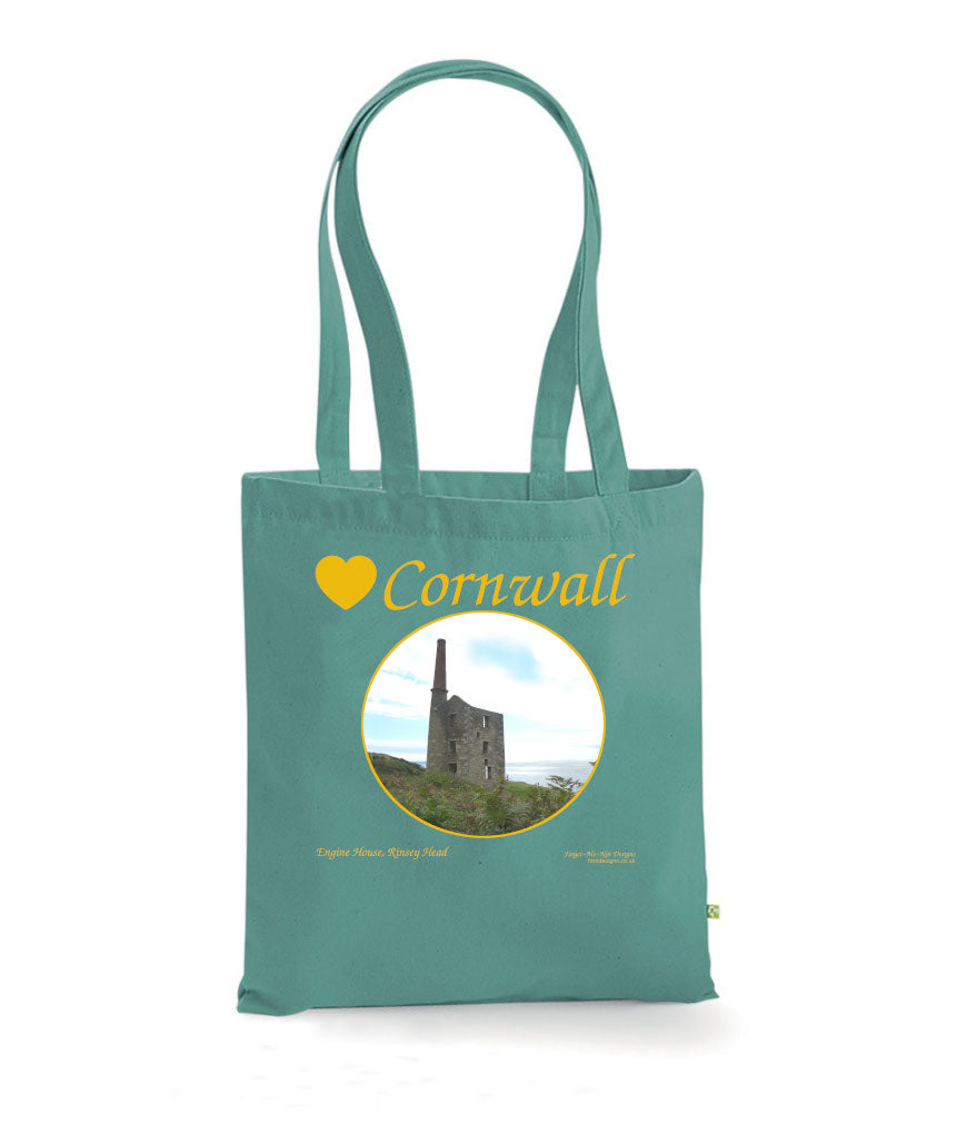 Love Cornwall Tote Bag, Long Handled Shopper, printed with images of Cornish seascapes, landscapes, historic sites, natural features