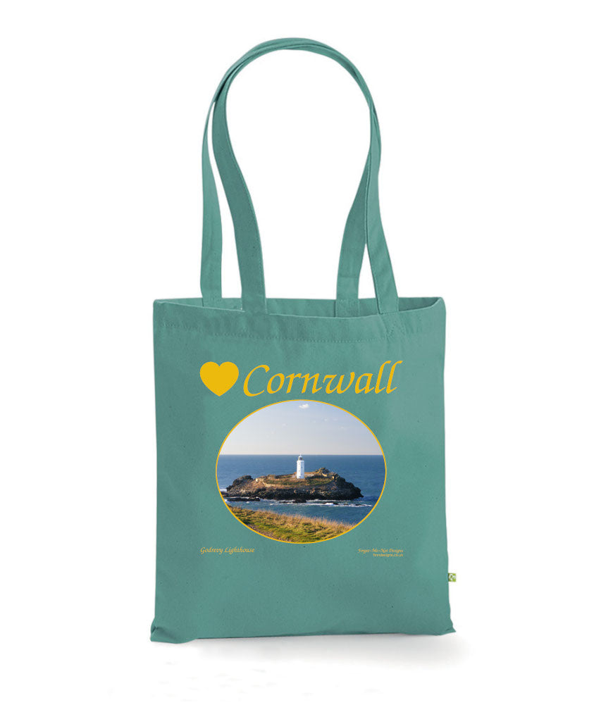 Love Cornwall Tote Bag, Long Handled Shopper, printed with images of Cornish seascapes, landscapes, historic sites, natural features