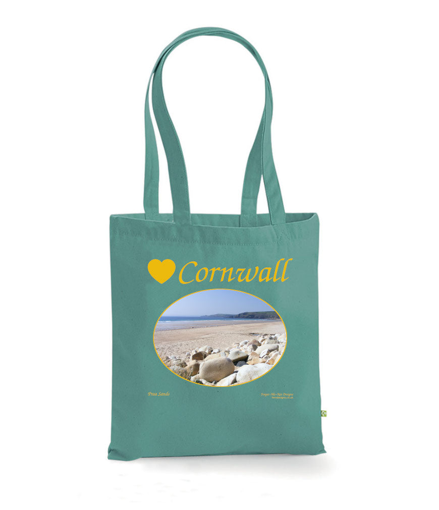 Love Cornwall Tote Bag, Long Handled Shopper, printed with images of Cornish seascapes, landscapes, historic sites, natural features
