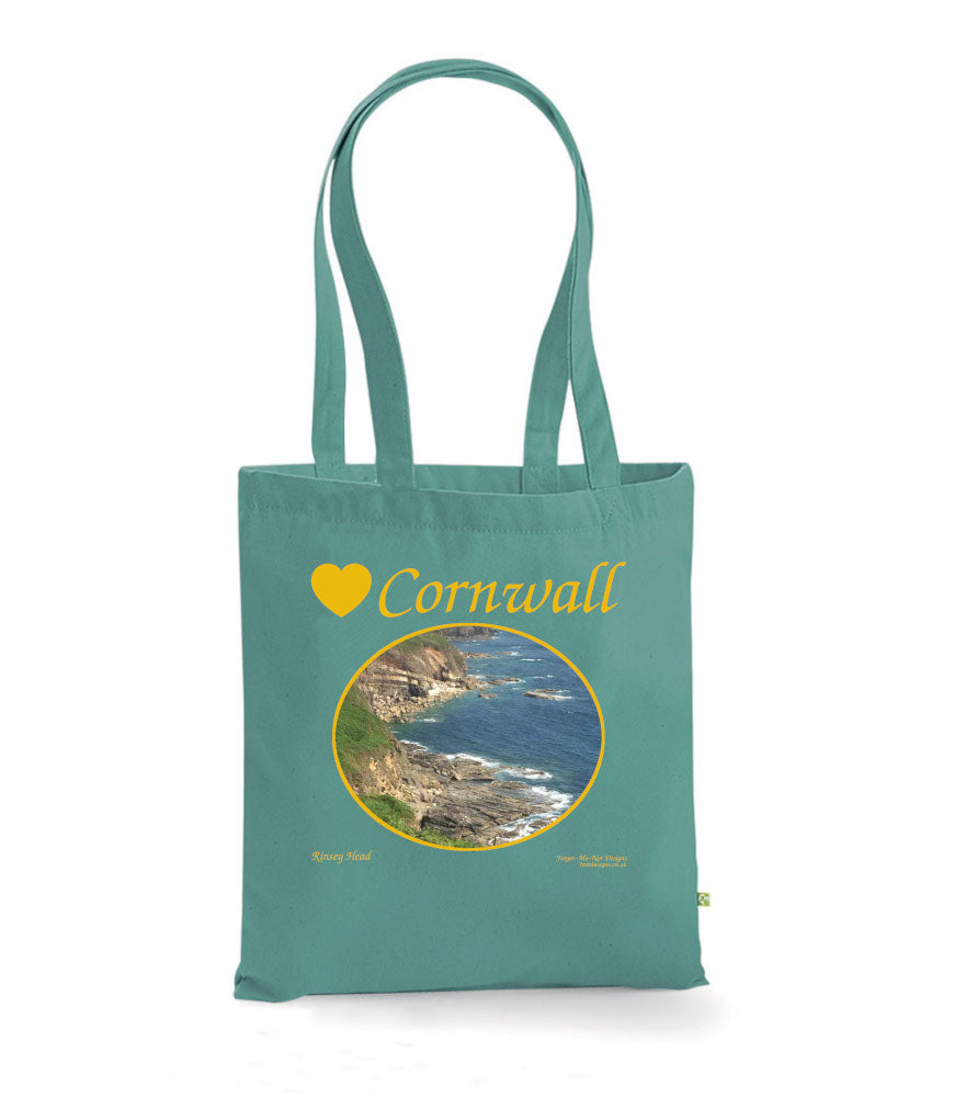 Love Cornwall Tote Bag, Long Handled Shopper, printed with images of Cornish seascapes, landscapes, historic sites, natural features