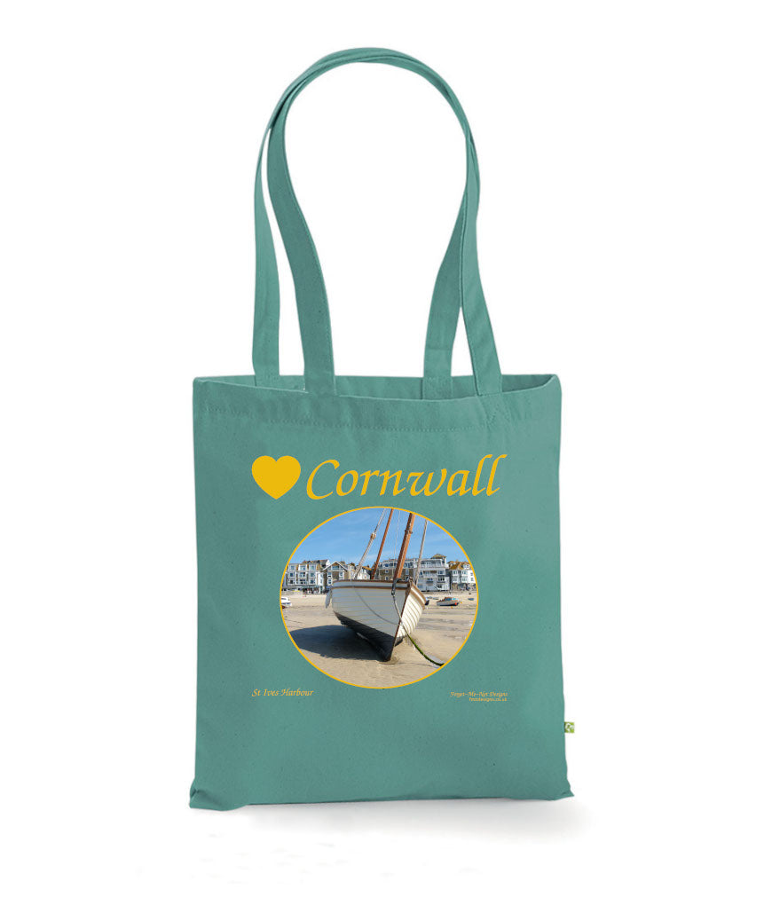 Love Cornwall Tote Bag, Long Handled Shopper, printed with images of Cornish seascapes, landscapes, historic sites, natural features